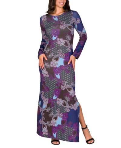 24seven Comfort Apparel Women's Purple Paisley Long Sleeve Side Slit Fitted Maxi Dress