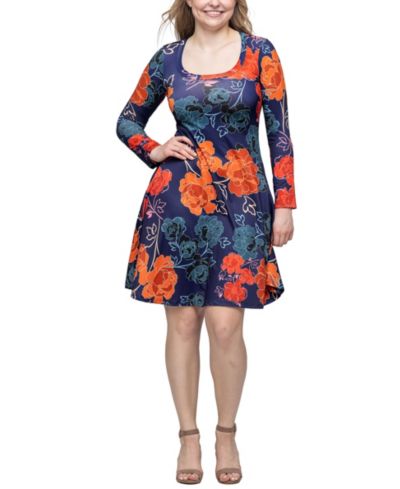 24seven Comfort Apparel Женский navy floral print long sleeve knee length платье