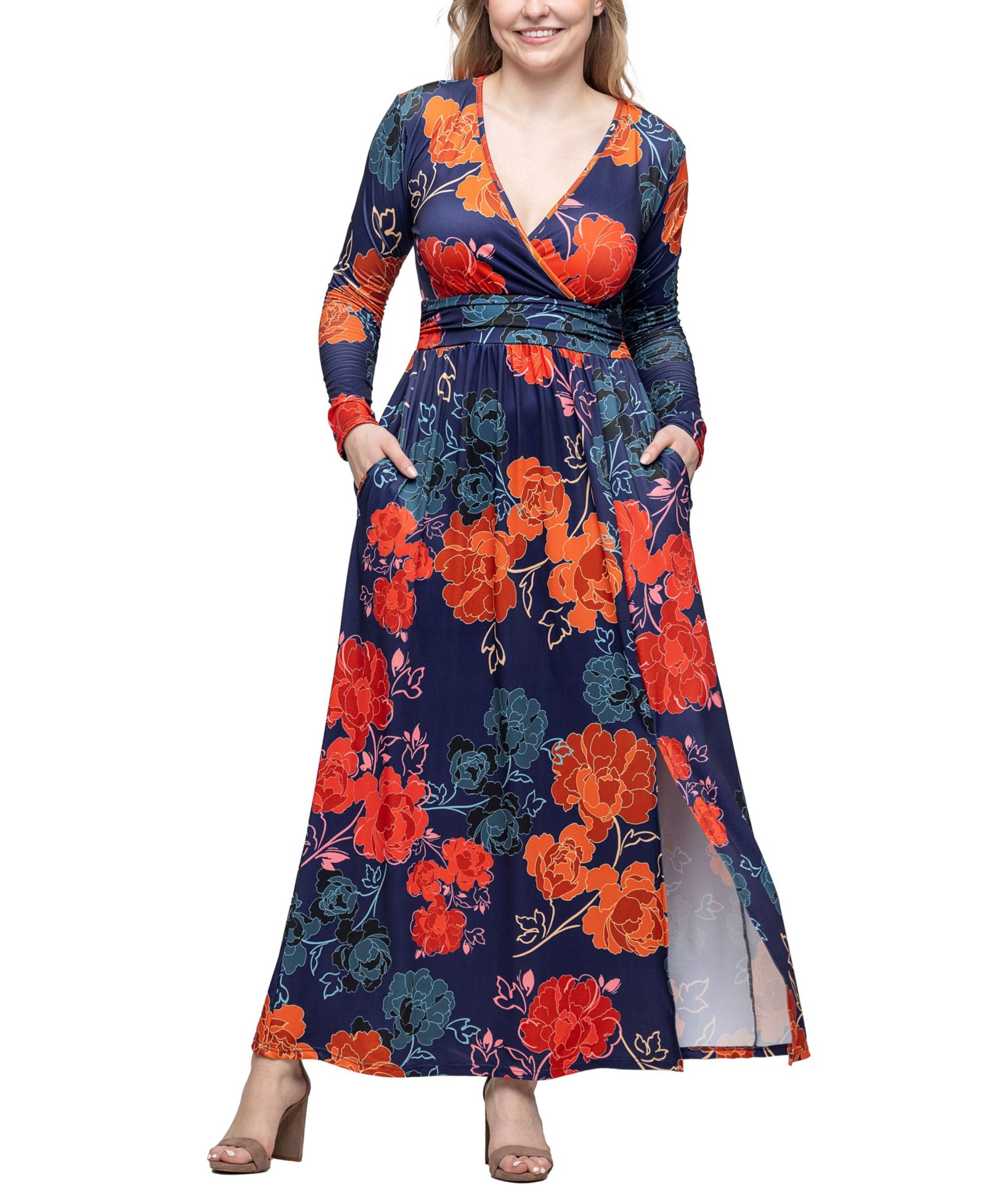 Женское платье макси 24seven Comfort Apparel Navy Floral Print с разрезом по бокам