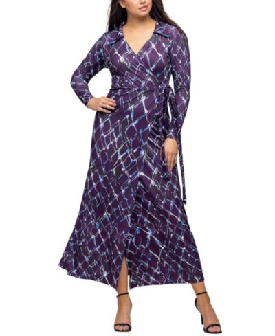 24seven Comfort Apparel Women's Purple Print Collared Wrap Maxi Dress