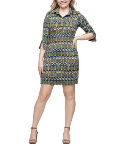24seven Comfort Apparel Women's Green Print Three Quarter Sleeve Mini Dress