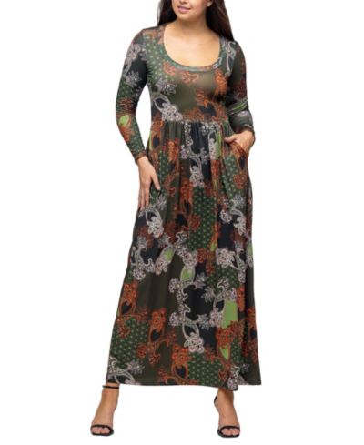 24seven Comfort Apparel Women's Green Long Sleeve Empire Waist Pocket Maxi Dress