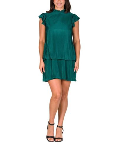 24seven Comfort Apparel Women's Ruffle Cap Sleeve High Neck Pleated Mini Dress