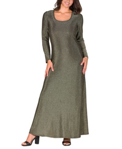 24seven Comfort Apparel Women's Long Sleeve Scoop Neck Shimmery Fabric Maxi Dress