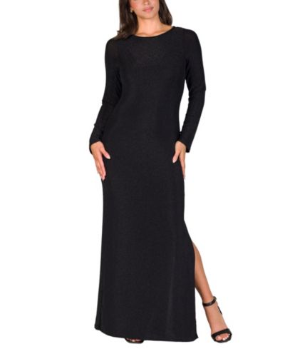 24seven Comfort Apparel Женский Fitted Long Sleeve Shimmery Side Slit Maxi Dress