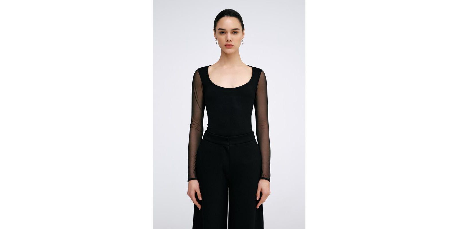 Marcella Women's Parisa Jersey-Bodice Long Mesh-Sleeve Fitted Top