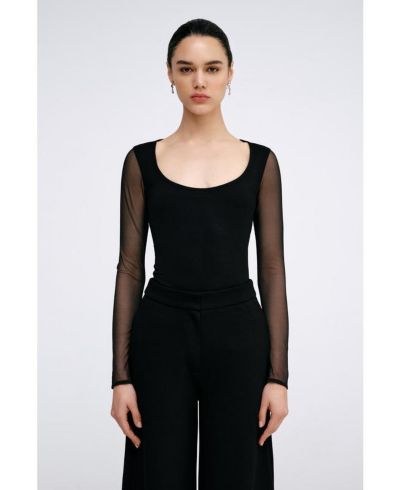 Marcella Women's Parisa Jersey-Bodice Long Mesh-Sleeve Fitted Top