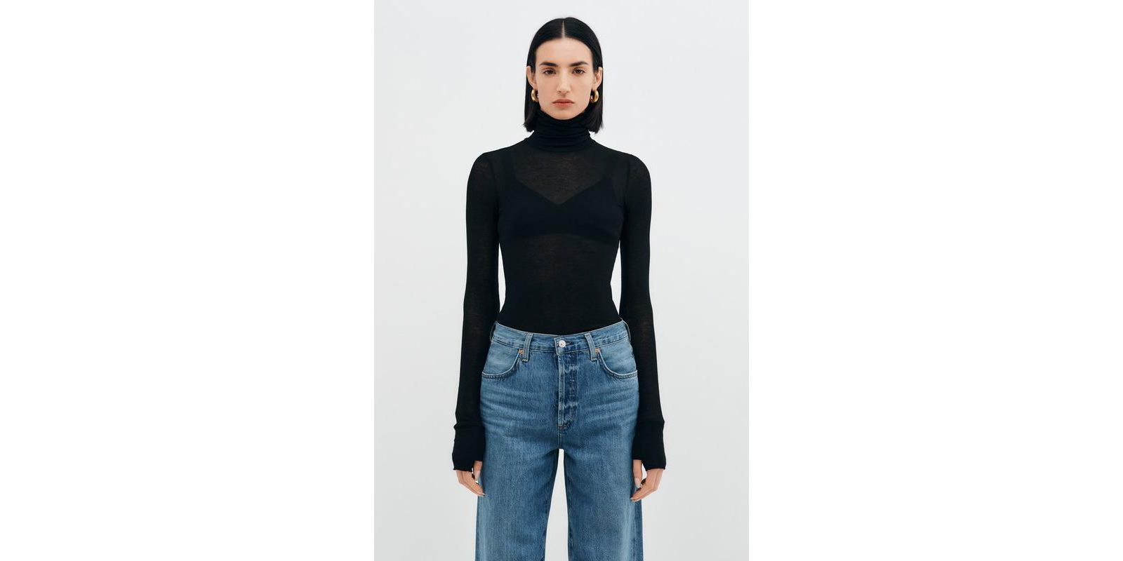 Marcella Women's Eloise Extra-Long Sheer Jersey Fitted Turtleneck with Thumbholes