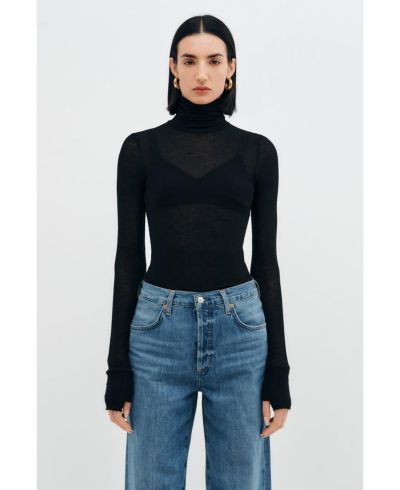 Marcella Women's Eloise Extra-Long Sheer Jersey Fitted Turtleneck with Thumbholes