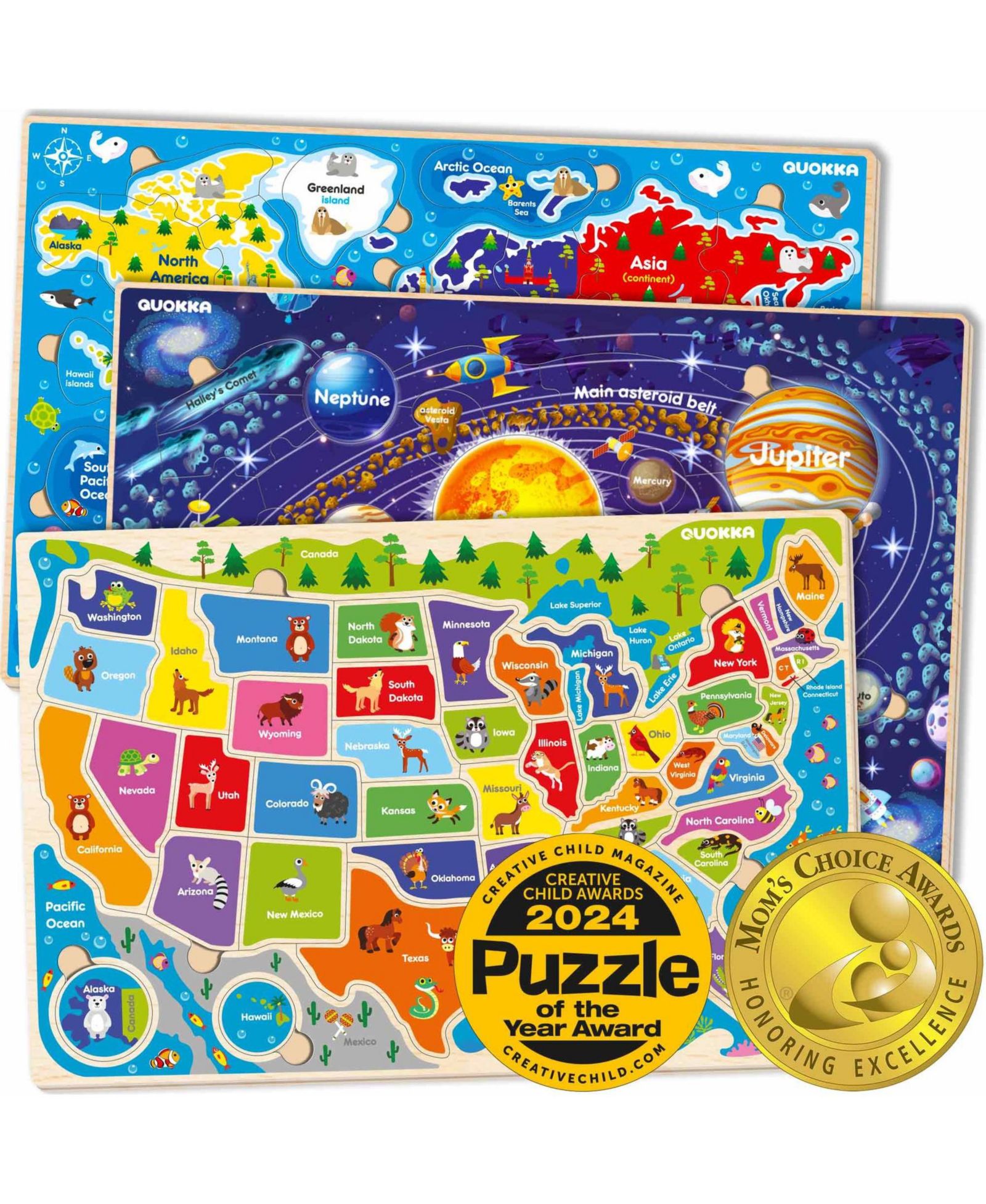 Quokka World Map and Solar System Educational Puzzle Set, 3-Piece, Ages 3+