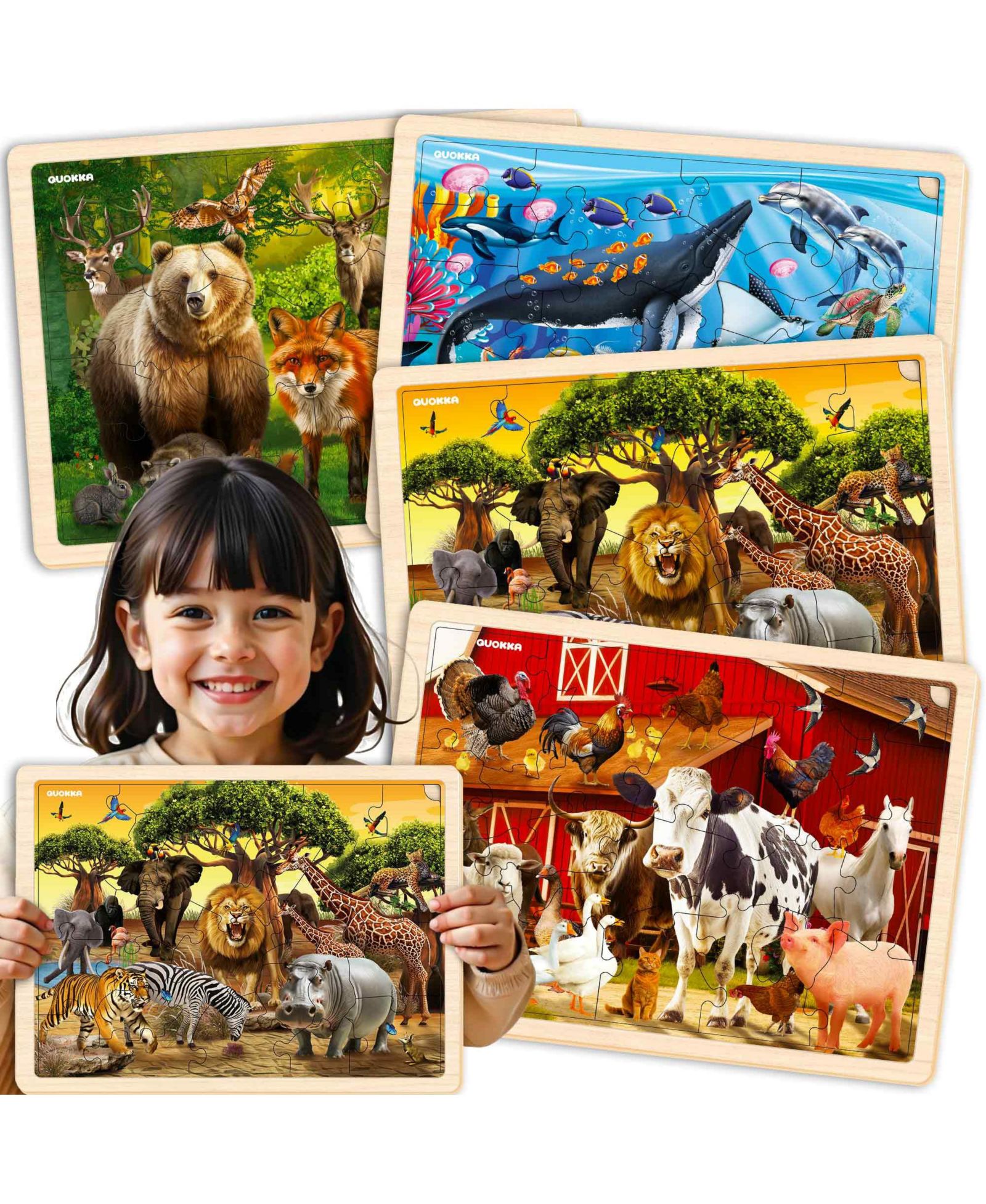 Деревянные реалистичные пазлы Montessori QUOKKA для детей 3-5 лет, 4 x 48