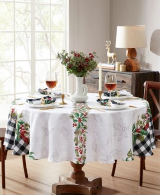 Elrene Holly Farmhouse Charm Holiday Fabric Round Tablecloth, 70"x 70"