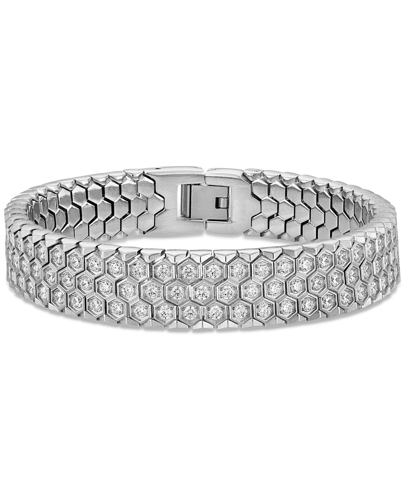 Esquire Men's Jewelry Cubic Zirconia Honeycomb Link Bracelet in Stainless Steel (Also in Black Ion-Plated Stainless Steel), Created for Macy's