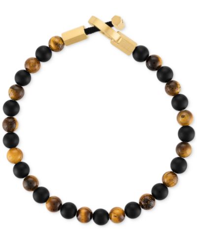 Esquire Men's Jewelry Onyx & Tiger Eye Bead Toggle Bracelet in Gold-Tone Ion-Plated Stainless Steel, Created for Macy's (available in Onyx & Lapis)
