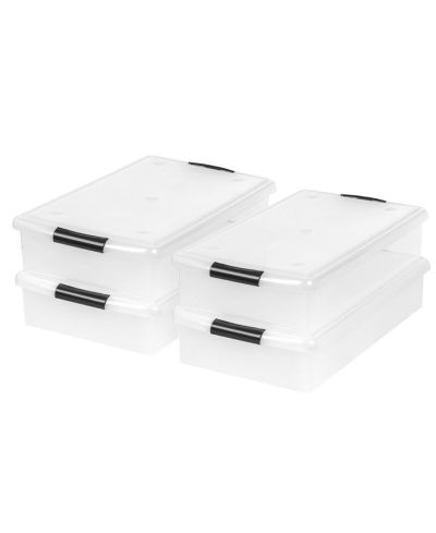 IRIS 40 Qt Plastic Under Bed Storage Stackable Nestable Organizer Bin Container with Secure Lids and Durable Black Buckles, 4 Pack