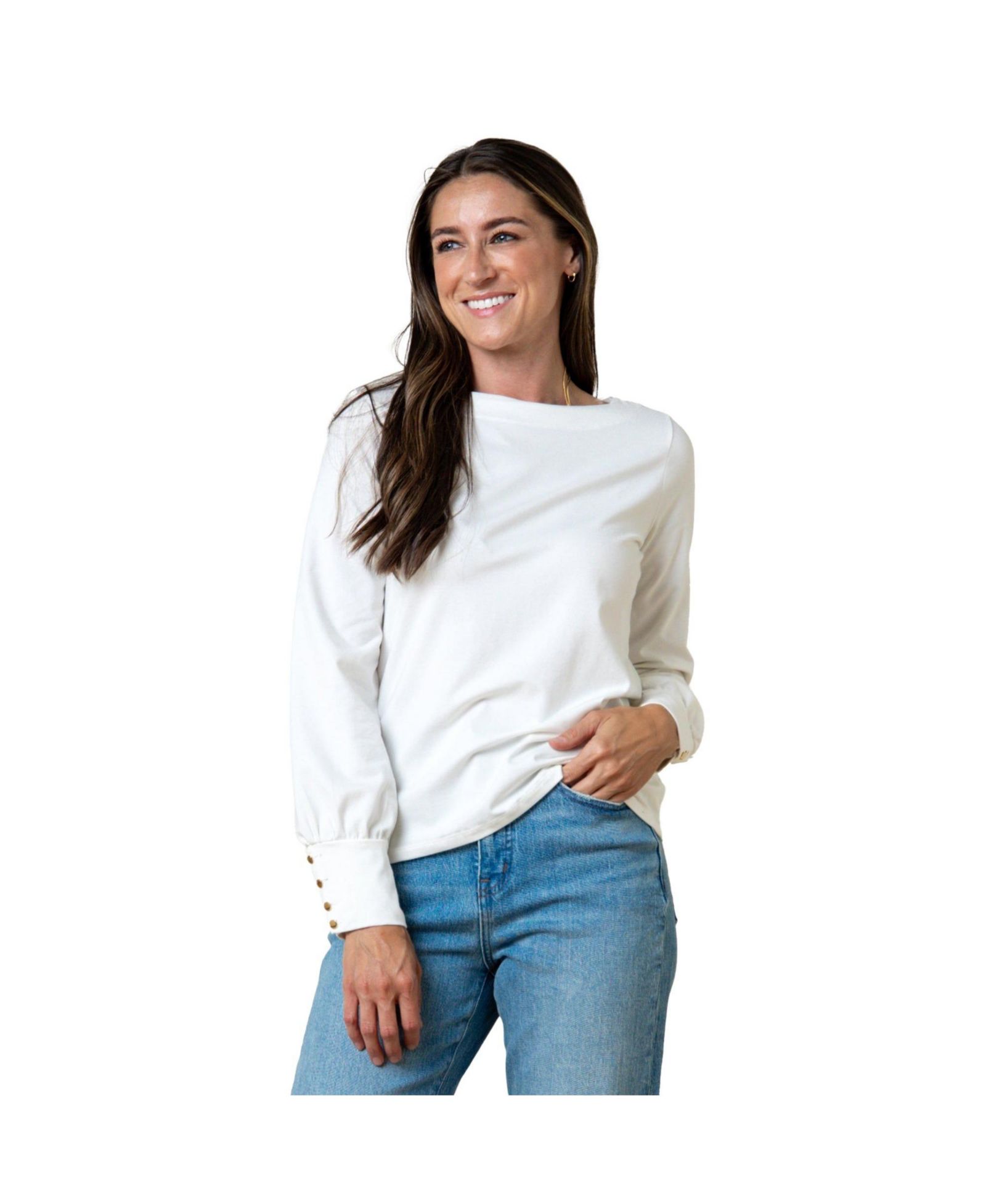 Hope & Henry Women's Hope and Henry Organic Bellow Sleeve Knit Top with Button Cuffs