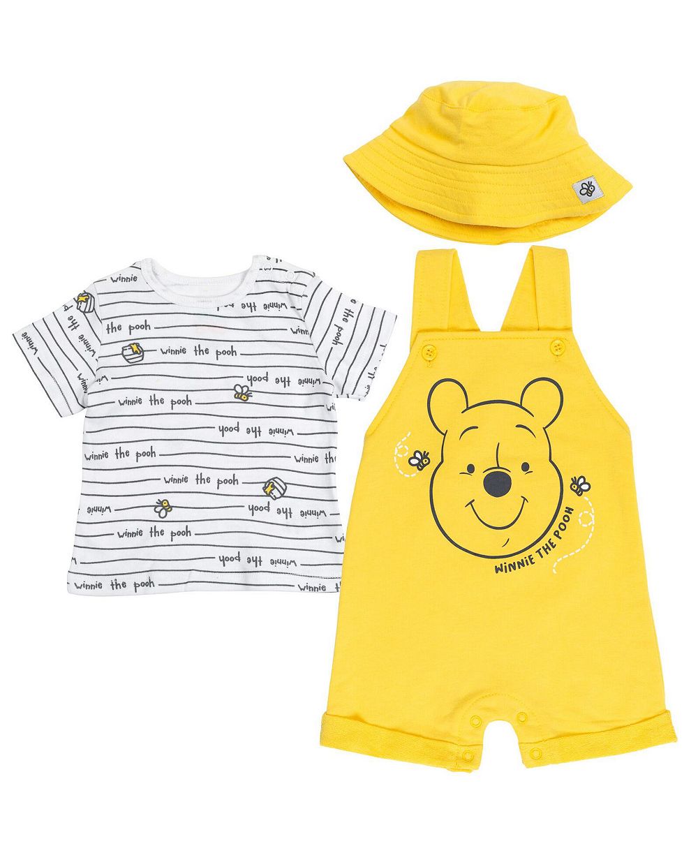 Winnie the Pooh Baby Boys Tigger French Terry Short Overalls T-Shirt and Hat 3 Piece Outfit Set