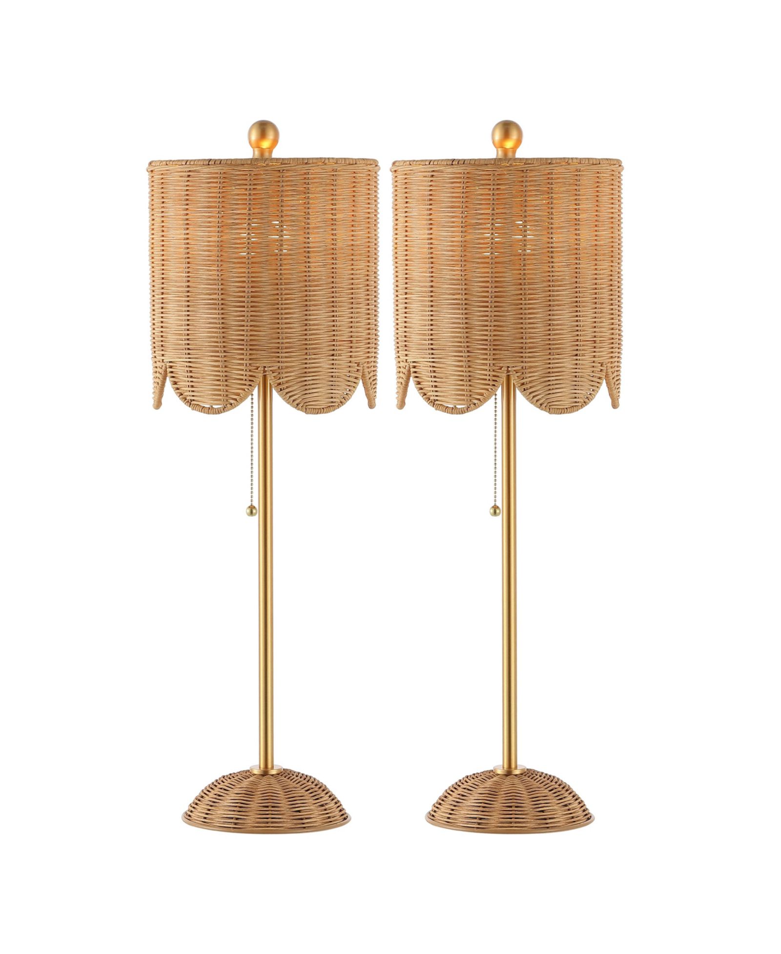 Celerie 27.5" Coastal Bohemian Rattan/Iron Scalloped Buffet LED Table Lamp with Pull Chain, Natural/Brass Gold (Set of 2)