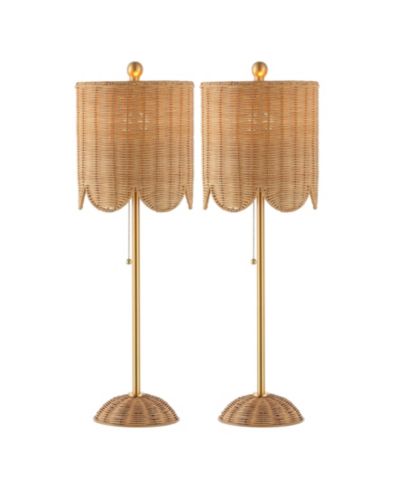 Настольная лампа Celerie 27.5" Coastal Bohemian Rattan/Iron Scalloped Buffet LED with Pull Chain, Natural/Brass Gold (Set of 2)