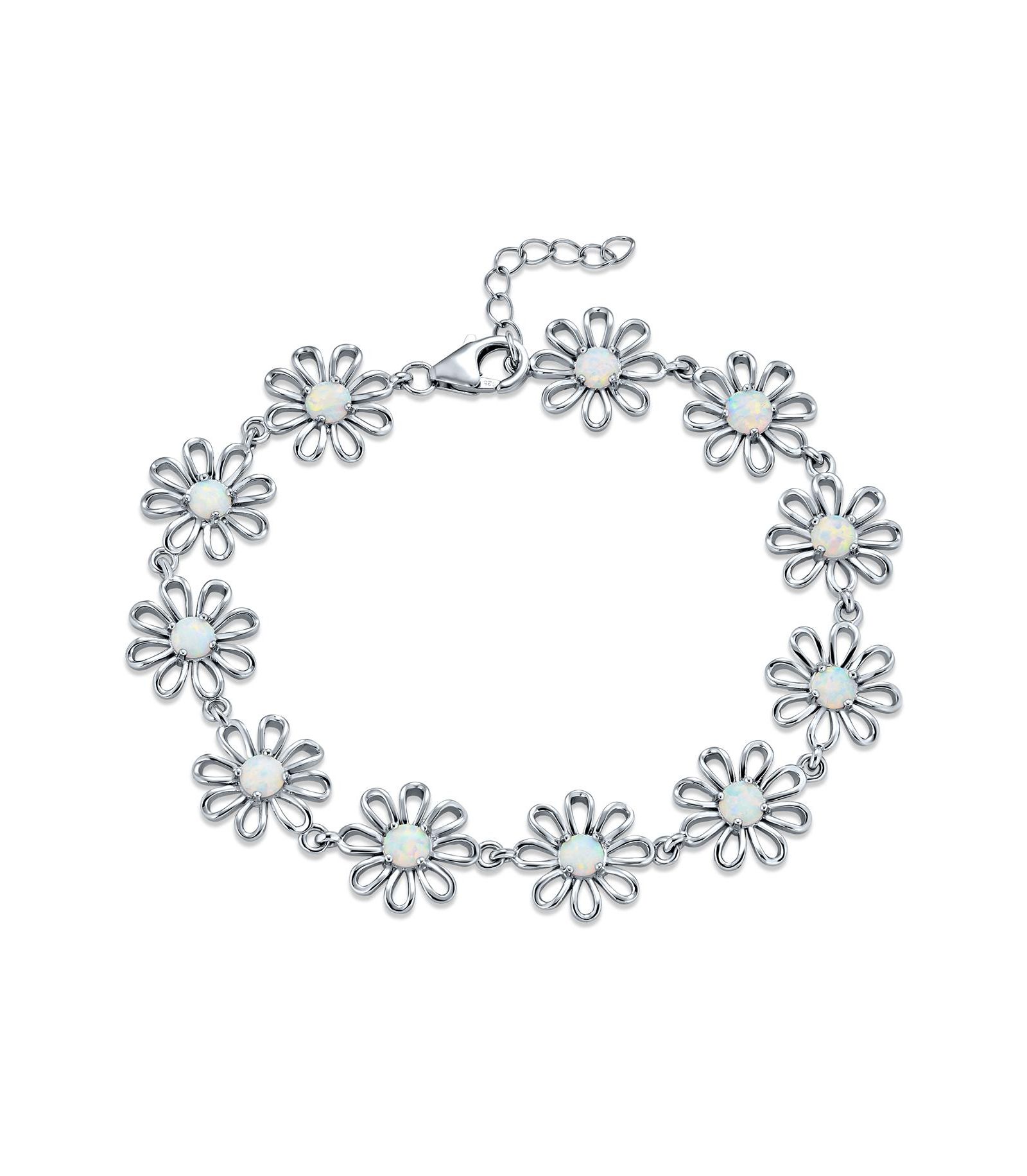 Bling Jewelry Sunflower Daisy Created Opal Multi Charm Link Bracelet .925 Sterling Silver