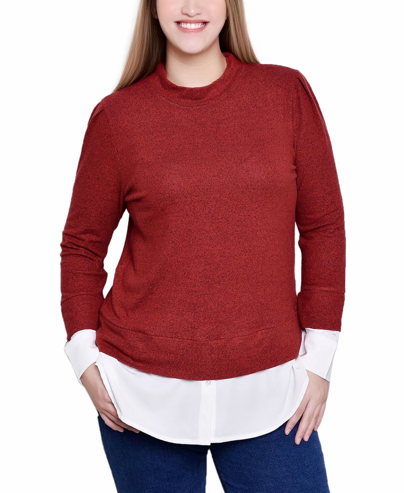 NY Collection Petite Long Sleeve Two-Fer Top