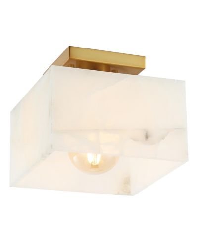 Alessia 8" 1-Light Modern Contemporary Alabaster/Iron Square LED Semi Flush Mount, White Marbling/Brass Gold