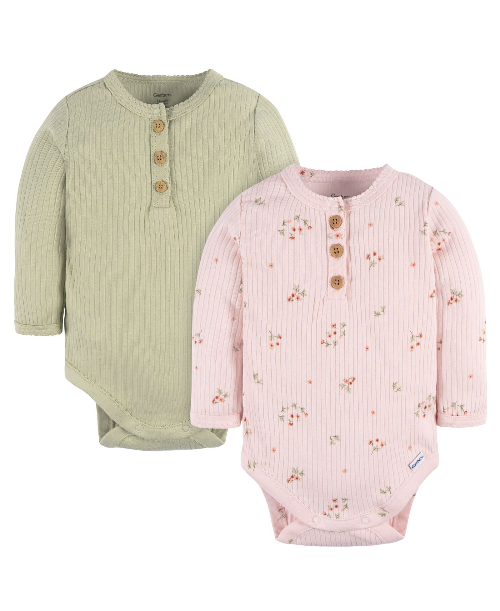 Gerber Baby Girls Henley Long Sleeve Bodysuits, 2-Pack