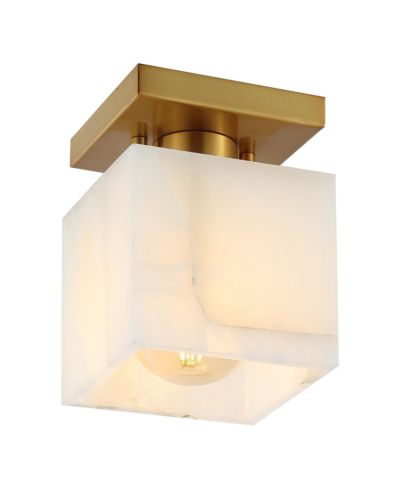 Alessia 5" 1-Light Modern Contemporary Alabaster/Iron Cube LED Semi Flush Mount, White Marbling/Brass Gold