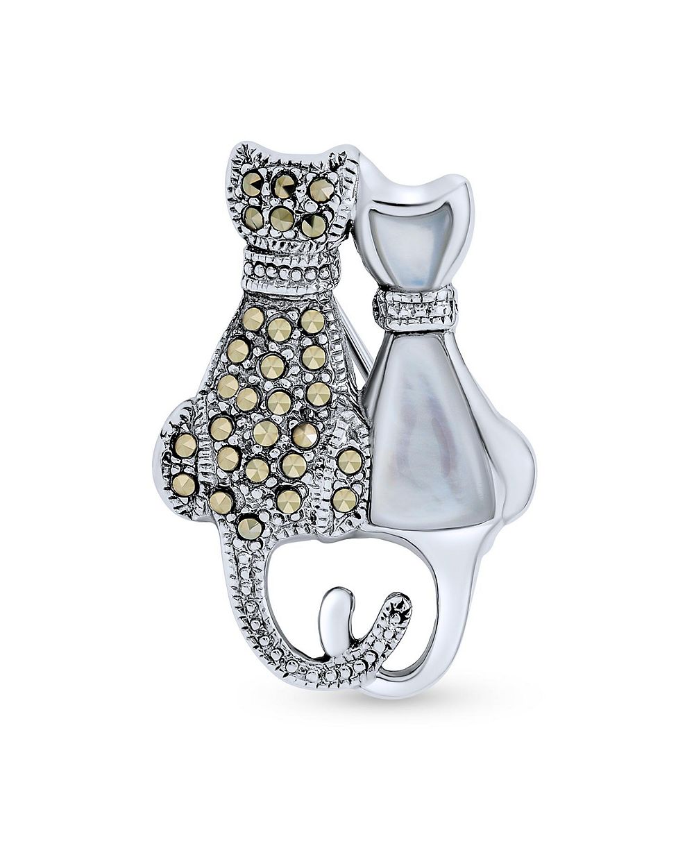 Брошь-значок Bling Jewelry Black and White Marcasite Cat Sterling Silver Pearl and Onyx