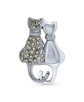 Брошь-значок Bling Jewelry Black and White Marcasite Cat Sterling Silver Pearl and Onyx