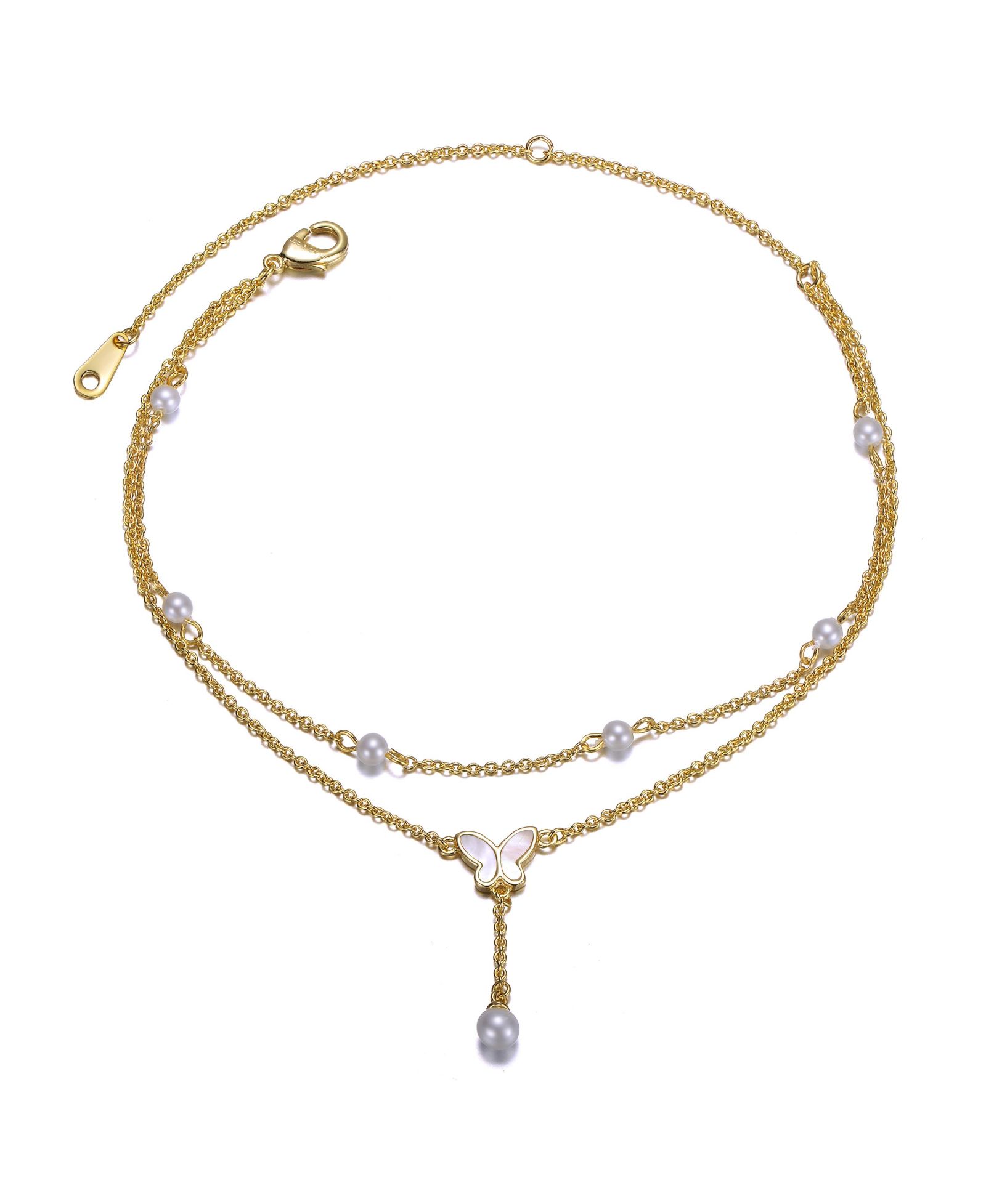 Летний браслет Rachel Glauber 14K Gold Plated Pearl Double Chain Butterfly Summer Anklet