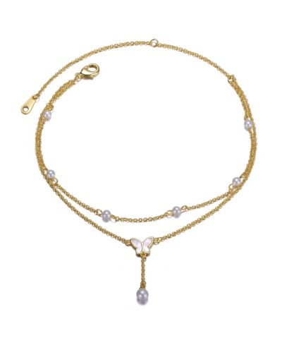 Летний браслет Rachel Glauber 14K Gold Plated Pearl Double Chain Butterfly Summer Anklet