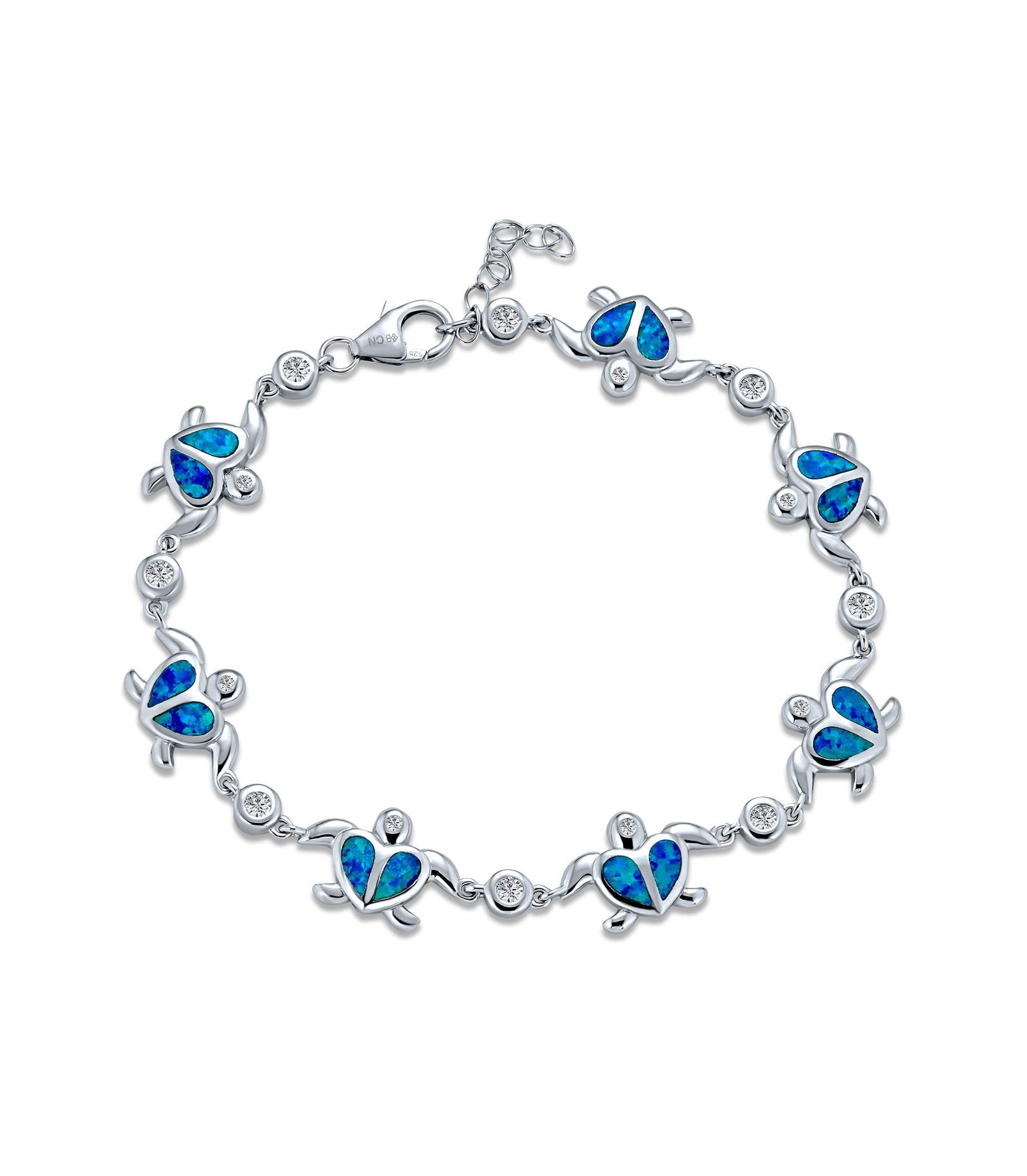 Bling Jewelry Nautical Created Opal Sea Turtle Heart Charm Bracelet .925 Sterling Silver