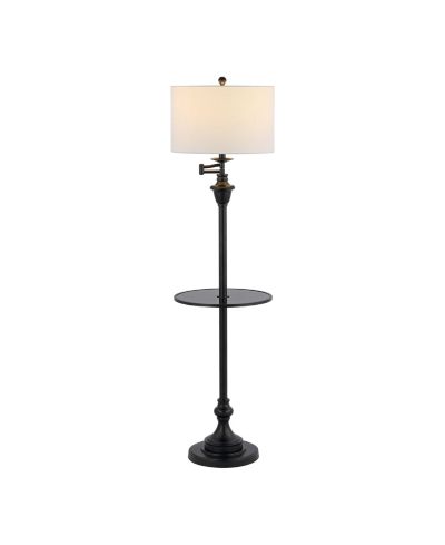 Jonathan Y Современный напольный LED-светильник Cora 60" с деревянным столиком, хром/коричневое дерево