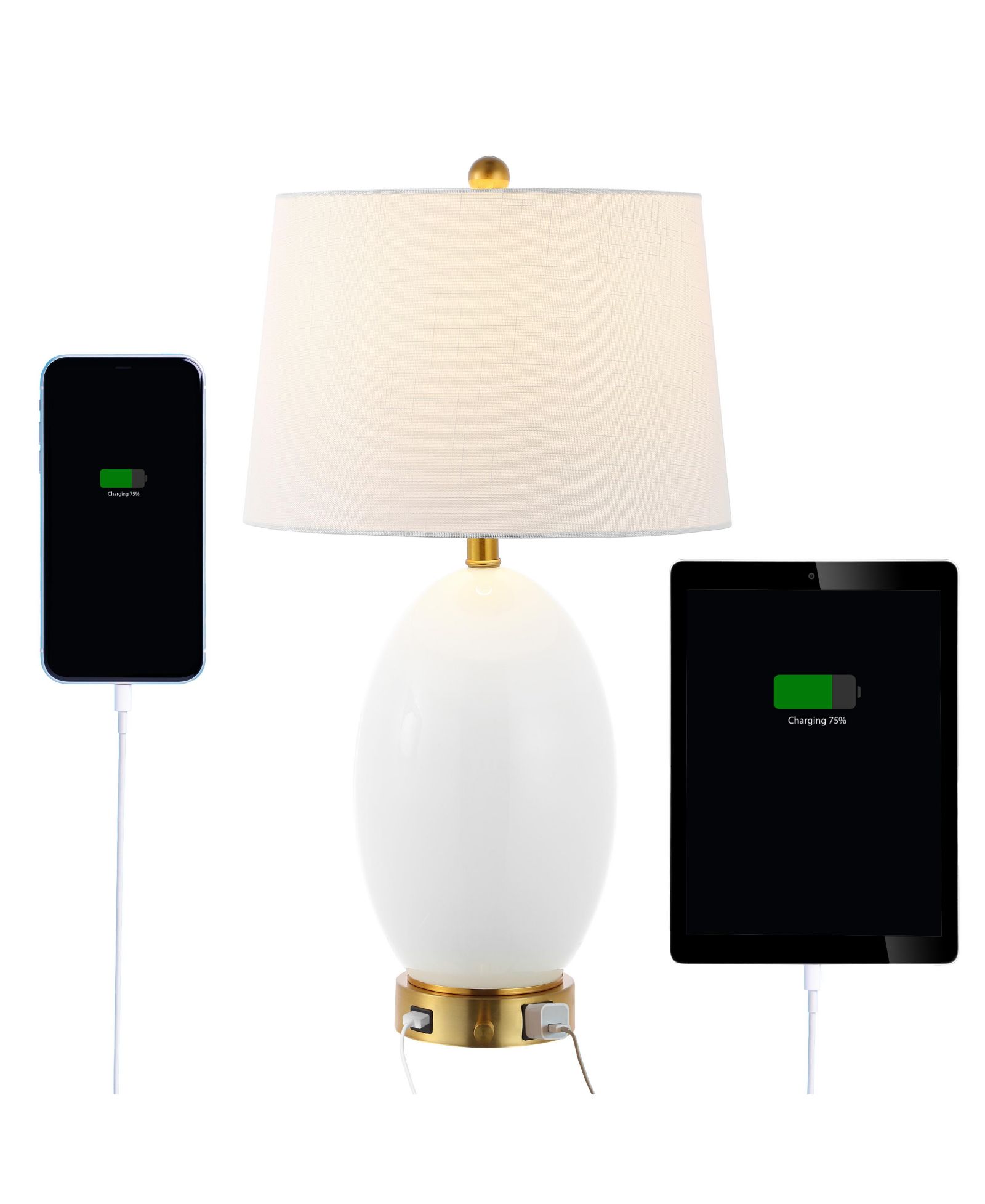 Reese настольная LED лампа в современном стиле из железа и стекла с USB портом, 26.5", White/Brass Gold