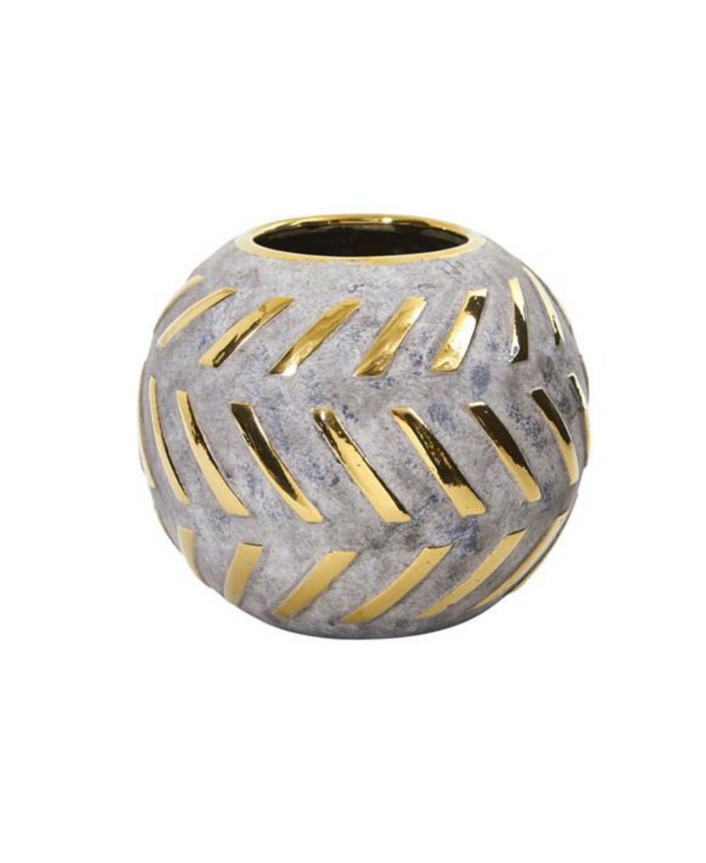 Decorative Round Stone Vase with Regal Design and Artistic Accents
