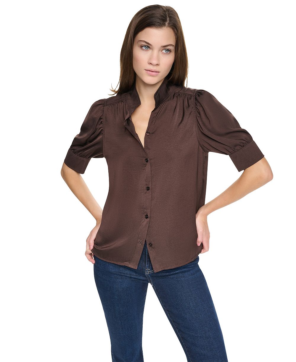 DKNY Jeans Petite Satin Puff-Sleeve Button-Front Shirt