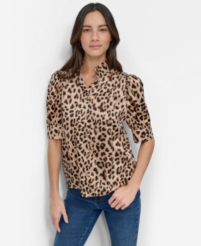 DKNY Jeans Petite Satin Puff-Sleeve Button-Front Shirt