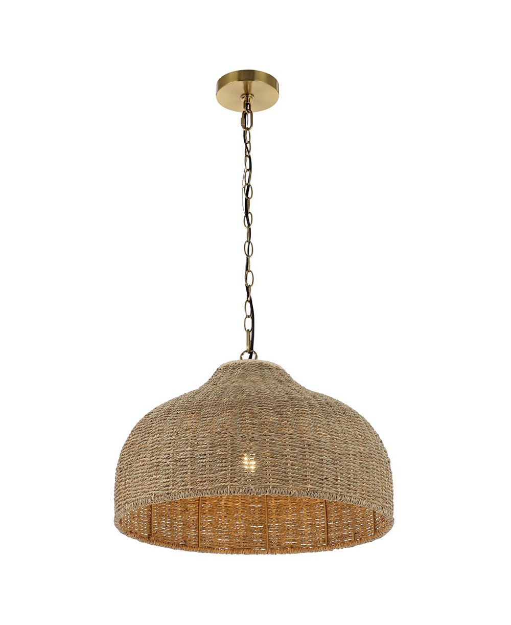 Eliza 20" 1-Light Coastal Bohemian Rattan/Iron Dome LED Pendant, Brown/Brass Gold