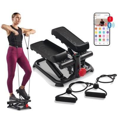 Sunny Health & Fitness Total Body Smart 2-in-1 Stepper Machine, Adjustable Hydraulic, LCD Monitor, Resistance Bands, Non-Slip Pedals with Smart App