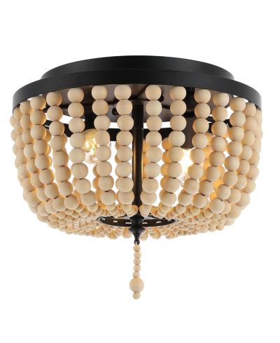 Allison 10" 2-Light Shabby Chic Farmhouse Wood Beaded/Metal LED Flush Mount, Black/Cream