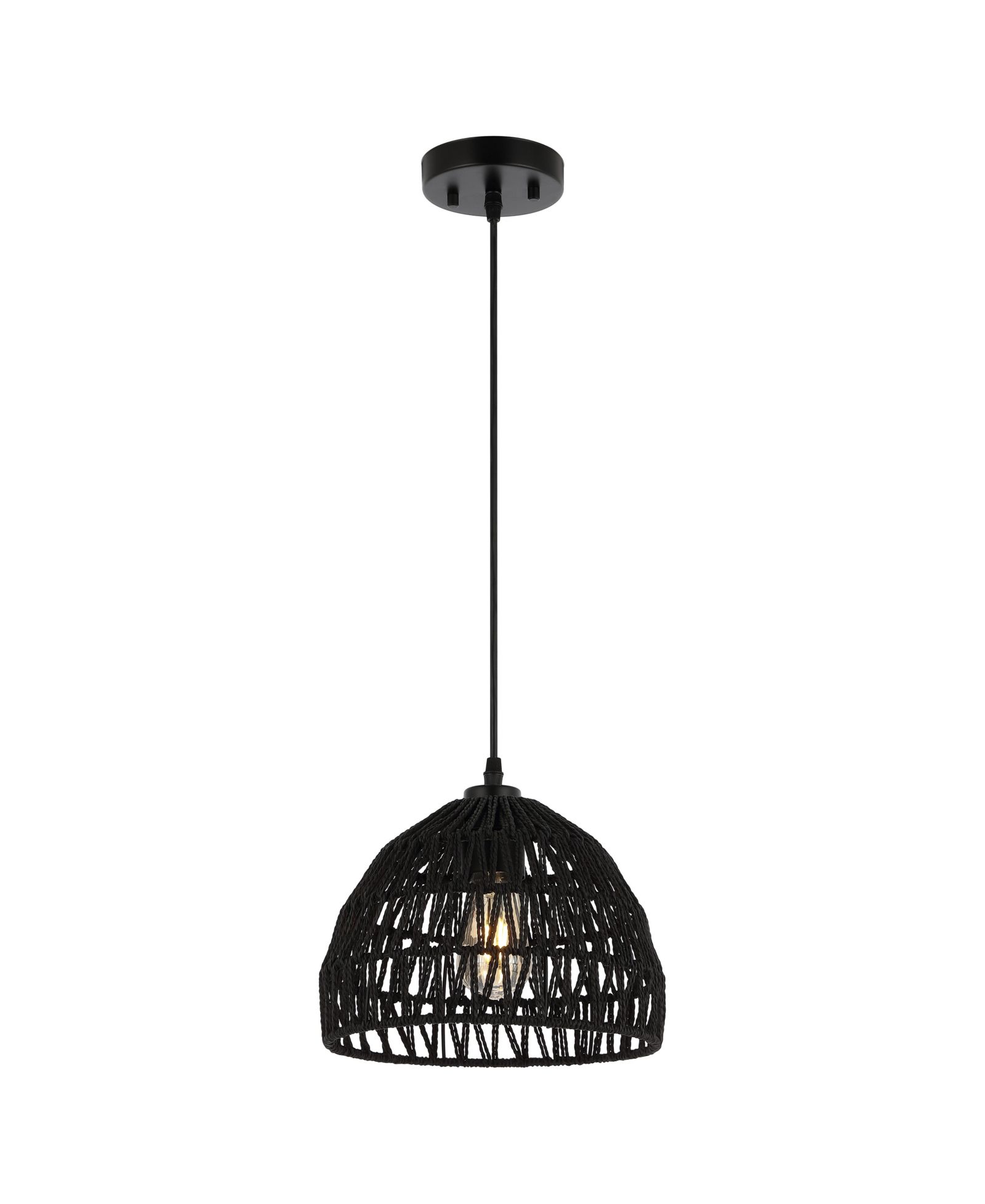 Campana 10.25" 1-Light Bohemian Modern Woven Rope/Iron LED Pendant, Black