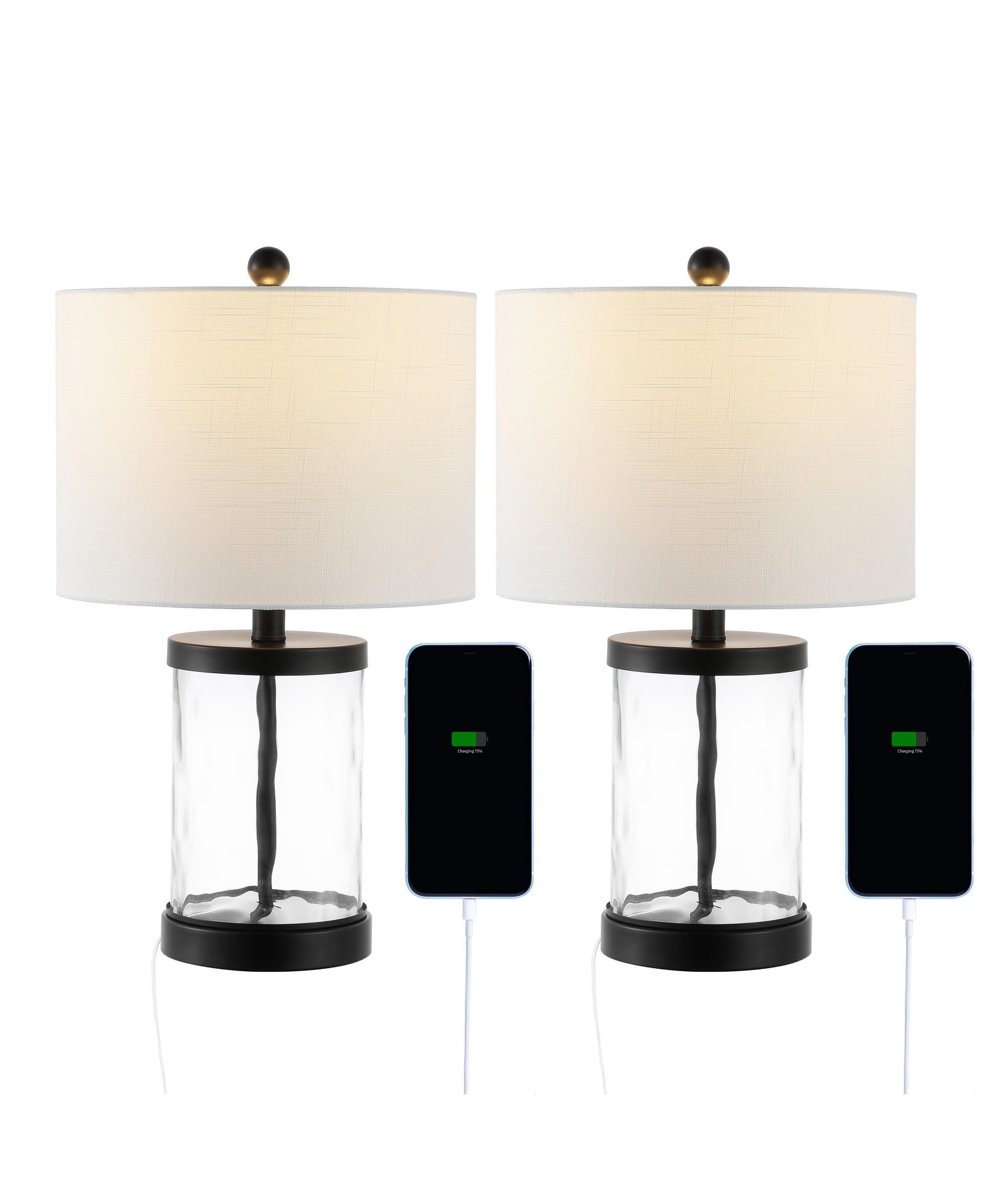 Alexander 21" Modern Designer Iron/Water Glass LED Table Lamp with USB Charging Port, Black/Clear (Set of 2)