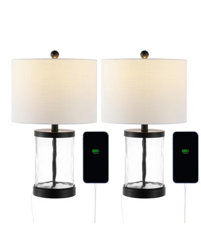Настольная лампа Alexander 21" Modern Designer Iron/Water Glass LED с портом USB, Black/Clear (набор из 2 шт.)