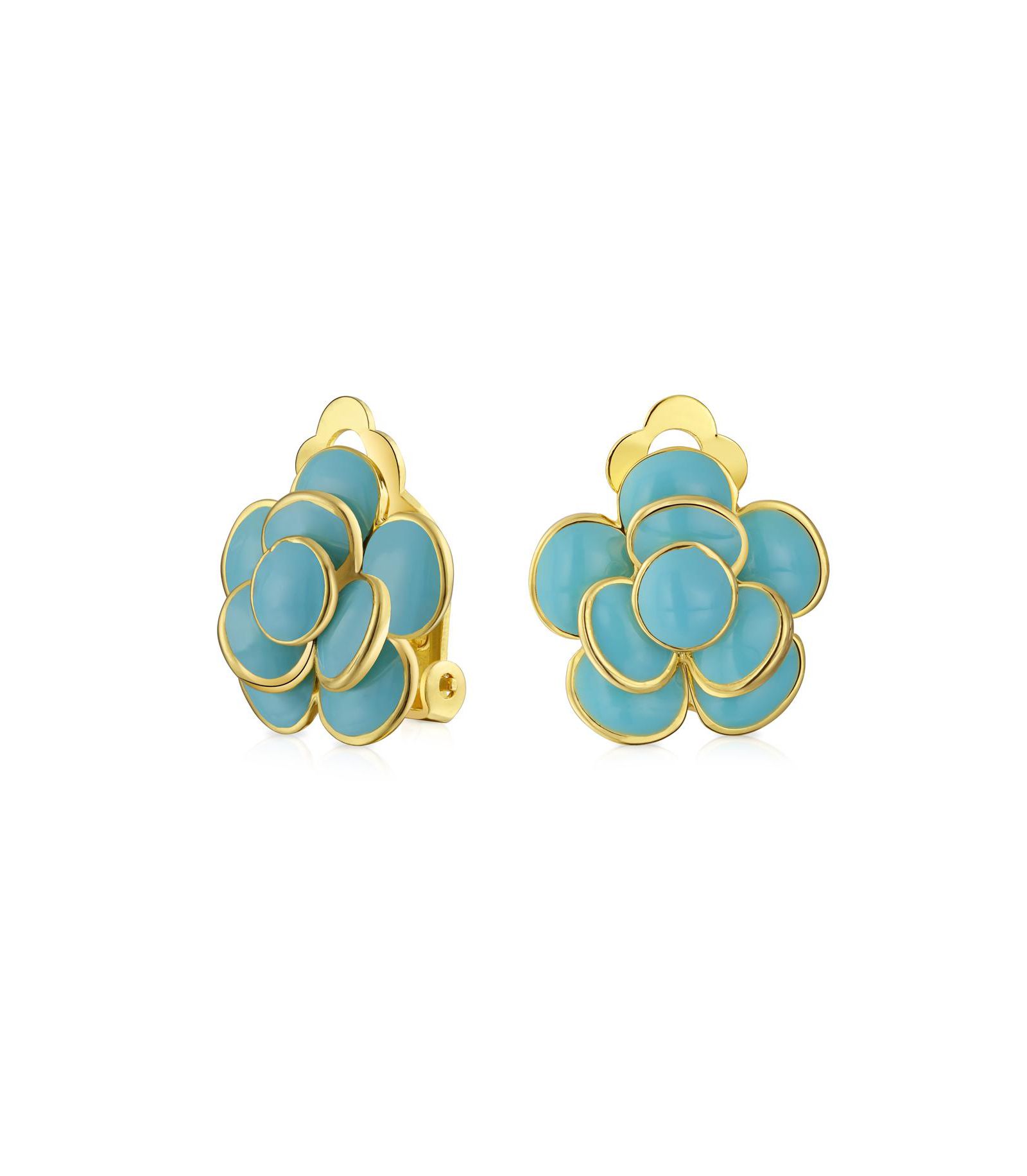 Bling Jewelry Button Style Enamel Red Rose Flower Clip on Earrings Gold Plated