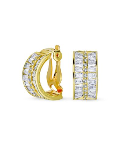 Bling Jewelry Art Deco Style Cocktail Baguette CZ Clip On Earrings Gold Plated