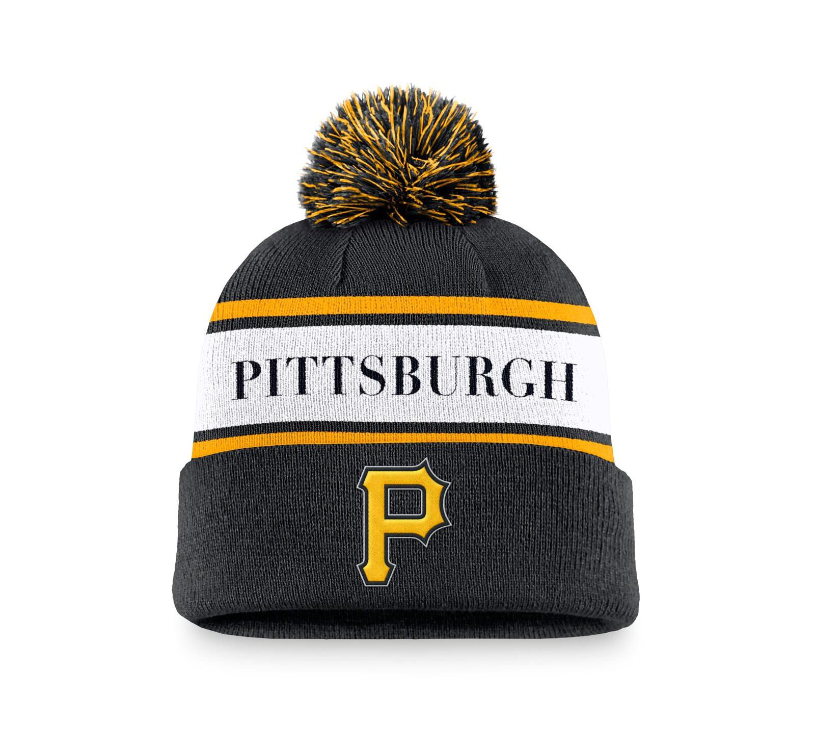 Шапка Nike Men's Black Pittsburgh Pirates Team Stripe Peak Cuffed Knit с помпоном
