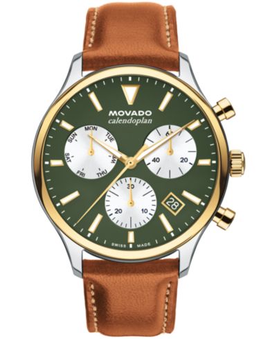 Movado Мужские часы Calendoplan Swiss Quartz Chrono, кожаный ремешок Cognac, 43mm