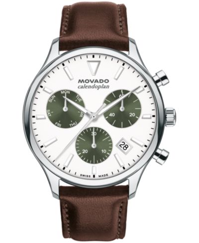 Мужские часы Movado Calendoplan Swiss Quartz Chrono с кожаным ремешком цвета шоколад 43mm