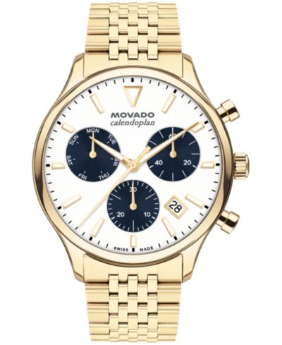 Часы Movado Men's Calendoplan Swiss Quartz Chrono Ionic Plated Light Gold Steel 43mm